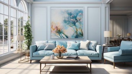 Interior of modern living room with blue sofa, coffee table and flowers. 3d renderの素材