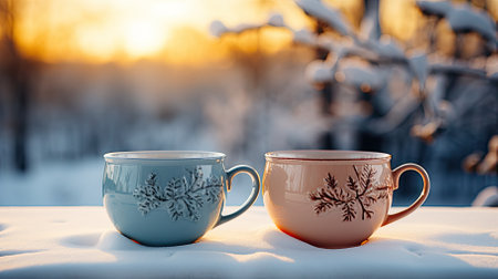 Two cups of coffee on the background of a winter landscape in the eveningの素材