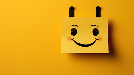 Yellow sticky note with smiley face on yellow background, 3d renderingの素材