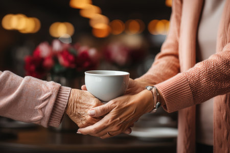 Elderly couple holding cup of coffee in cafe, closeupの素材