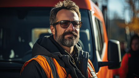 Portrait of a bearded man in sunglasses on the background of an orange truck.の素材