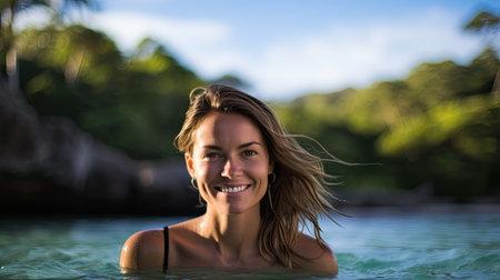 Portrait of smiling young woman standing in the water in a tropical environmentの素材