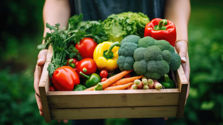 Woman holding a wooden box with fresh organic vegetables in the garden.の素材