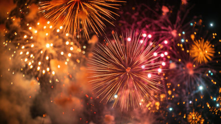Beautiful colorful firework display for celebration happy new year and merry christmasの素材