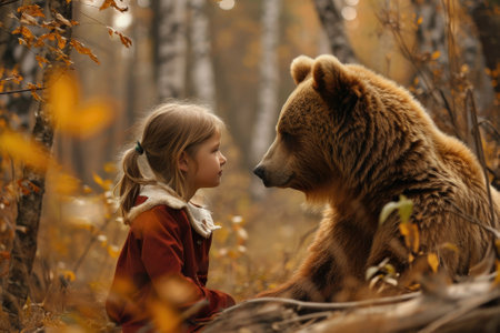 Little girl with big brown bear in autumn forest. Children and nature.の素材