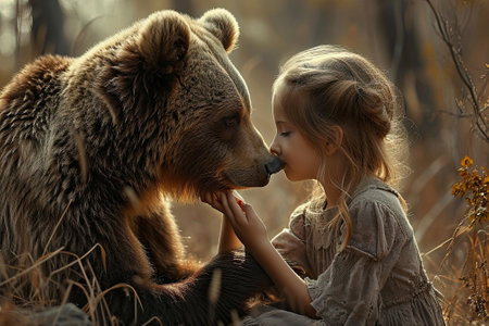 Little cute girl with big brown bear in autumn forest at sunset.の素材