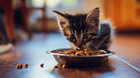 Cute little tabby kitten eating dry food from a bowl.の素材