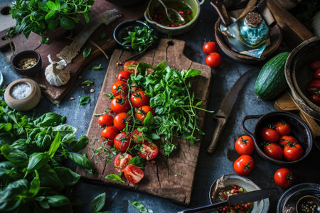 Cherry tomatoes, basil, olive oil and spices on a cutting boardの素材