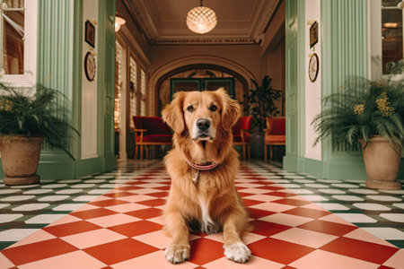 Golden Retriever sitting on the floor in a hotel room.の素材