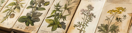 Old books with medicinal herbs on a wooden table. Panoramic bannerの素材