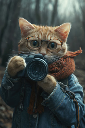 Cute ginger cat wearing eyeglasses and scarf holding a camera.の素材