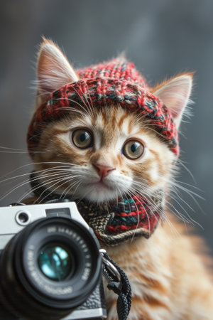 Cute ginger kitten in knitted hat and scarf with camera.の素材