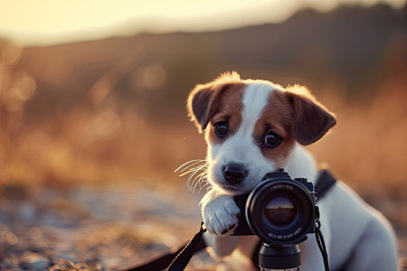 Jack russell terrier puppy with a camera in the natureの素材