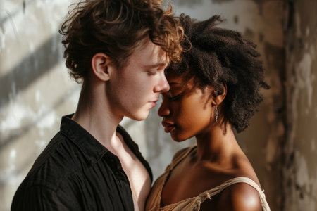 Close-up portrait of a young man and woman embracing each otherの素材