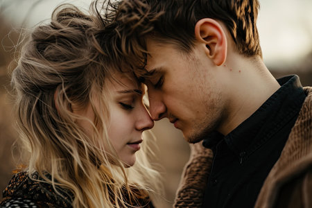 Young couple in love outdoor. Young man and woman embracing each other.の素材