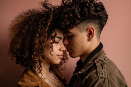 Young couple in love, man and woman in love on pink backgroundの素材