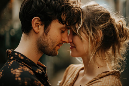 Portrait of a beautiful young couple in love on the street.の素材