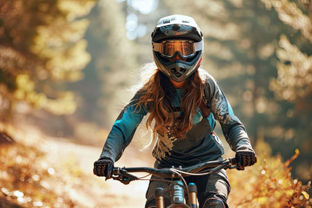 Young woman riding a mountain bike on a forest trail in the autumn.の素材