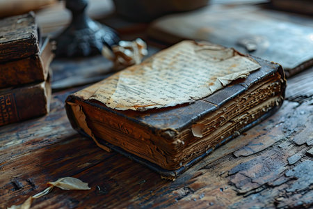 Old book on a wooden table with books and a candlestickの素材