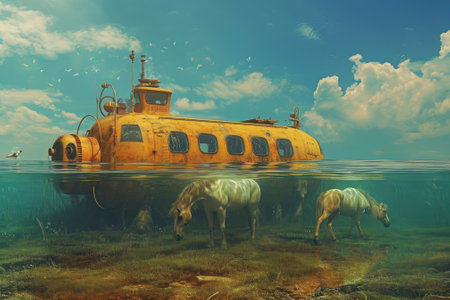 Old rusty submarine and horses in the water. 3d illustration.の素材