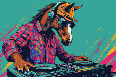 Horse playing music on turntable. Vector illustration for your designの素材