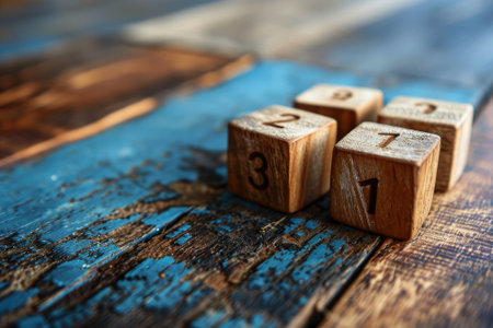 Wooden cubes with numbers on a blue wooden table. Selective focus.の素材