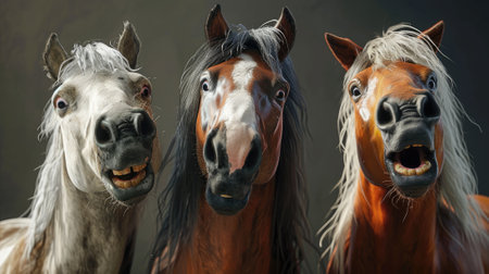 Three horses in the studio on a dark background. Portrait of horses.の素材