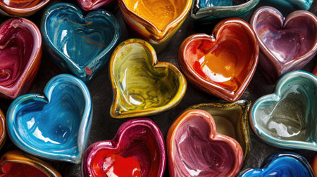 Colorful ceramic heart shape vase on black background, close upの素材