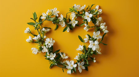 Flowers in the form of a heart on a yellow background.の素材