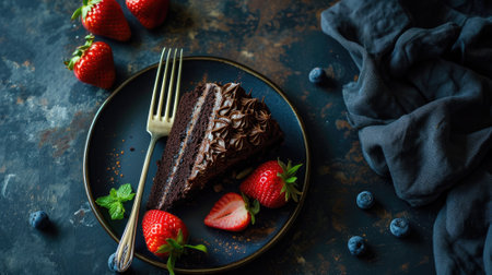 Chocolate cake with fresh strawberries and mint on a dark background.の素材
