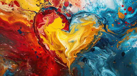 Colorful abstract background of acrylic paint in the shape of a heartの素材