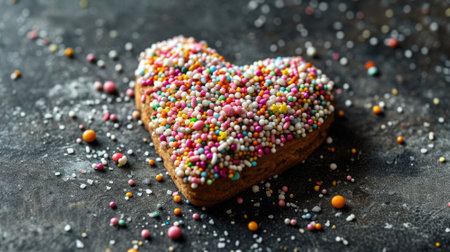 Heart shaped cookie with colorful sprinkles on dark background, closeupの素材
