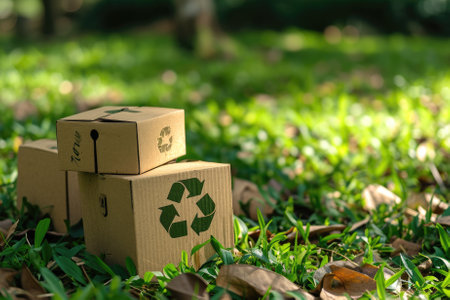 Cardboard box with recycle symbol on green grass. Recycling concept.の素材