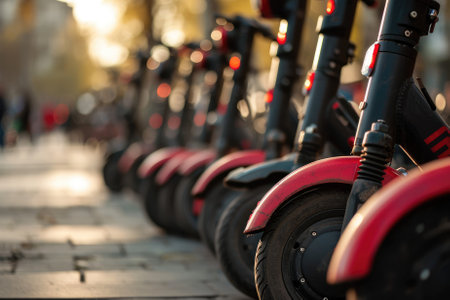 Row of electric scooters parked in the city. Selective focus.の素材