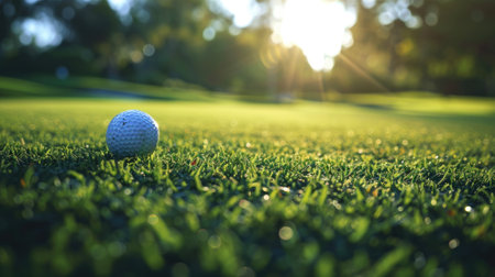 Golf ball on green grass with sun flare at golf course.の素材