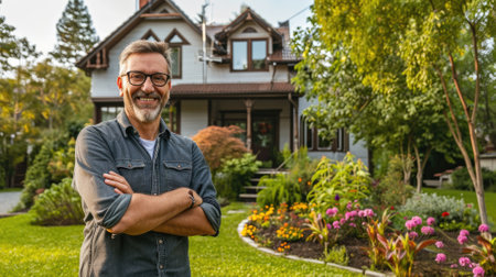 Handsome middle-aged man standing in front of his houseの素材