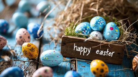 Easter composition with colored eggs and nest on rustic wooden backgroundの素材