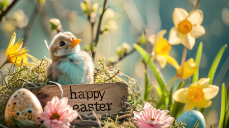 Easter eggs and little chicken in nest on spring nature background.の素材