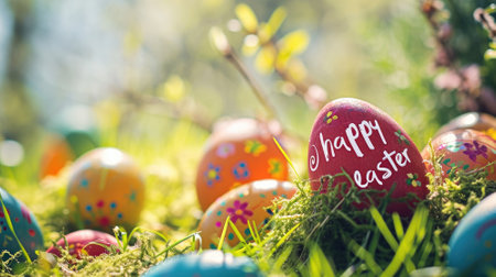 Happy Easter greeting card. Colorful easter eggs in the grass.の素材