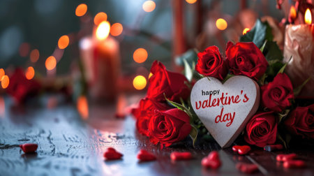 Valentine's day background with red roses, candles and heartsの素材