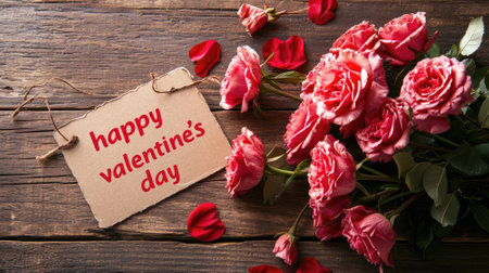 Bouquet of roses and card with text Happy Valentines Dayの素材