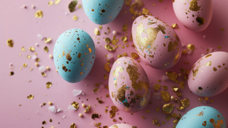 Easter eggs with gold glitter on pink background. Happy Easter concept.の素材