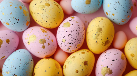 Colorful Easter eggs background. Top views. Close-up.の素材