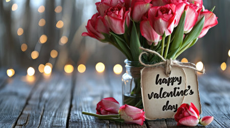 Bouquet of pink tulips on a wooden background with the inscription Happy Valentines Dayの素材