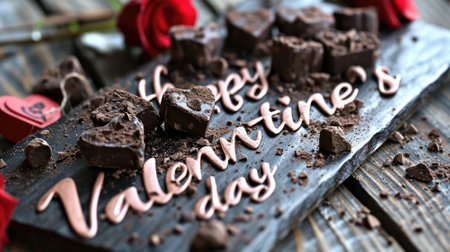 Chocolate hearts on wooden background, valentine's day conceptの素材