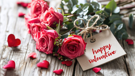 Bouquet of pink roses and card with text Happy Valentines Dayの素材