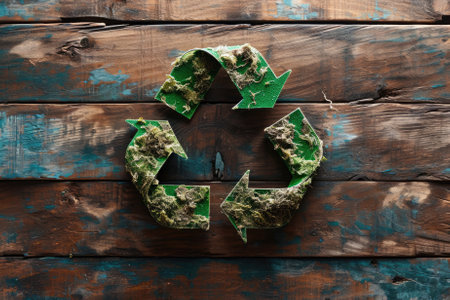 Recycling symbol made of marijuana leaves on wooden background, top viewの素材