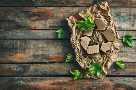 Homemade chocolate candies with green leaves on rustic wooden backgroundの素材