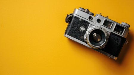 Vintage camera on yellow background. Top view with copy space.の素材