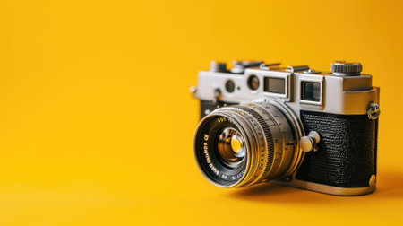 Vintage camera on a yellow background with copy space for your textの素材